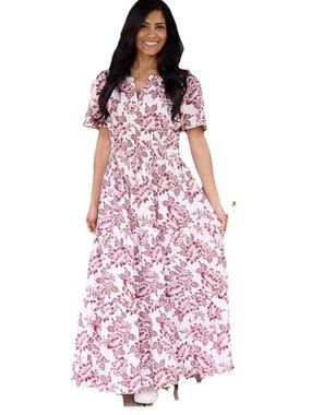 Kate & Same Wine Floral Print 100% Cotton Boho V-Neck Short Sleeve Maxi Dress XL